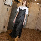 Solid color sexy reversible mesh suspender long dress