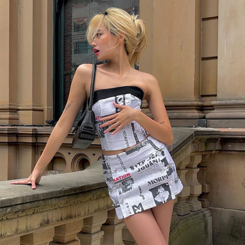 Newspaper Print Backless Pin Sexy Wrap Skirt Set