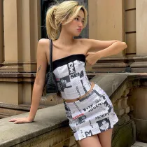 Newspaper Print Backless Pin Sexy Wrap Skirt Set