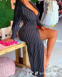 Women's Striped V-Neck High Slit Maxi Dress