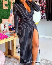 Women's Striped V-Neck High Slit Maxi Dress