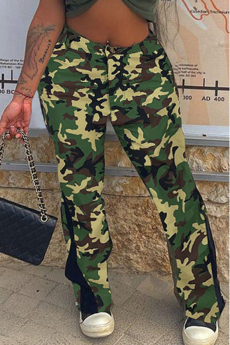 Simple Patchwork Ladies Casual Pants Camo High Waist Flared Pants