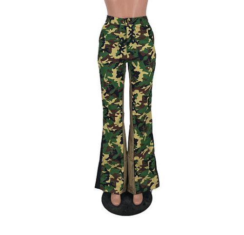 Simple Patchwork Ladies Casual Pants Camo High Waist Flared Pants