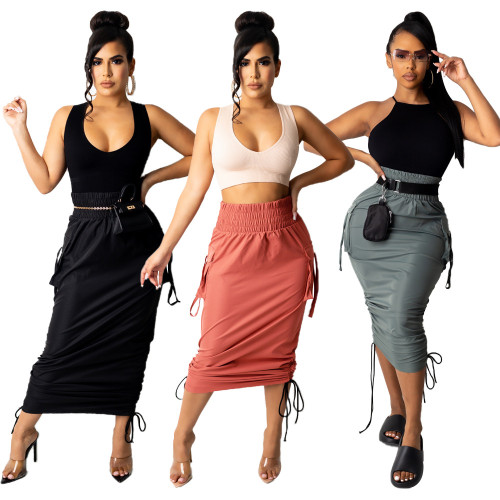 Solid Color High Waist Ladies Long Skirt Pull-Up Pleated Skirt
