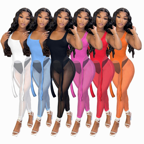 Women's summer vest mesh pants two-piece sexy perspective solid color sports suit