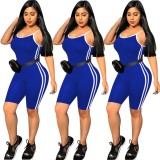 Fashion casual sexy side suspenders striped stitching small feet jumpsuit