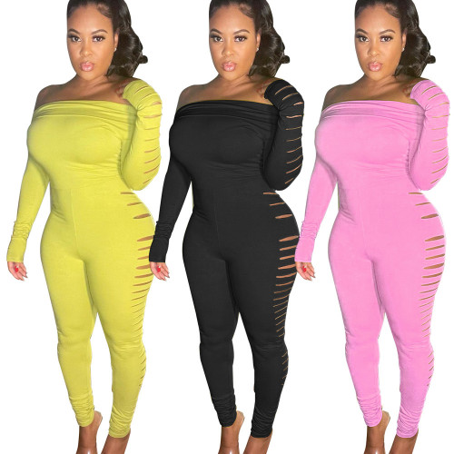 Sexy women's spring and summer jumpsuits One word neck ripped jumpsuit