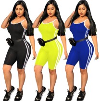 Fashion casual sexy side suspenders striped stitching small feet jumpsuit