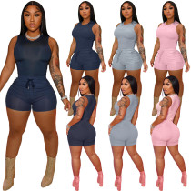 Women's Fashion Casual Solid Color Tank Top Slim Shorts Strap Sports Suits