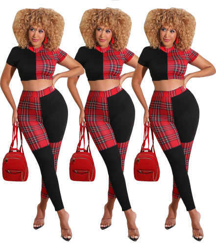 Women's Spring/Summer Fashion Plaid Print Short Sleeve Two Piece Set