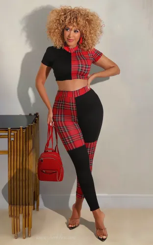 Women's Spring/Summer Fashion Plaid Print Short Sleeve Two Piece Set