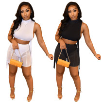 Women's Safety Pants Mesh Panel Shorts Strap Sleeveless Vest Casual Suit