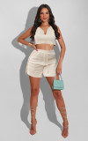 Women's fashion casual solid color small U neckline fringed shorts two-piece set