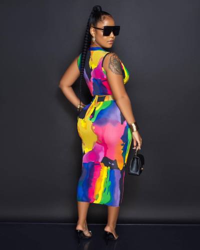 Tie-up Tube Top Colorful Print Dress Two-Piece Set