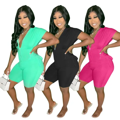 Solid Color Sexy V-Neck Hooded Zip Jumpsuit