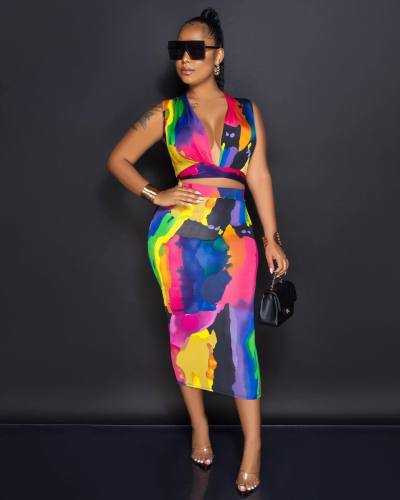 Tie-up Tube Top Colorful Print Dress Two-Piece Set