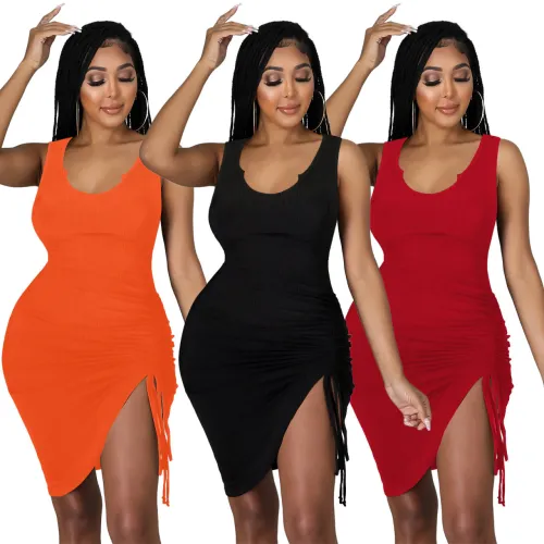 U-neck ribbed smocked dress