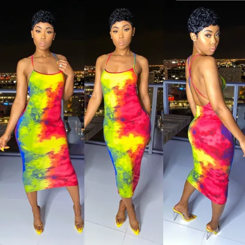 spring summer tie-dye print slip dress