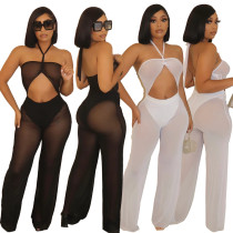 Fashionable and sexy new women's clothing mesh tube top strap wide leg jumpsuit