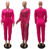 Fashion Casual Solid Color Plus Webbing Pocket Button Drawstring Jumpsuit Jumpsuit