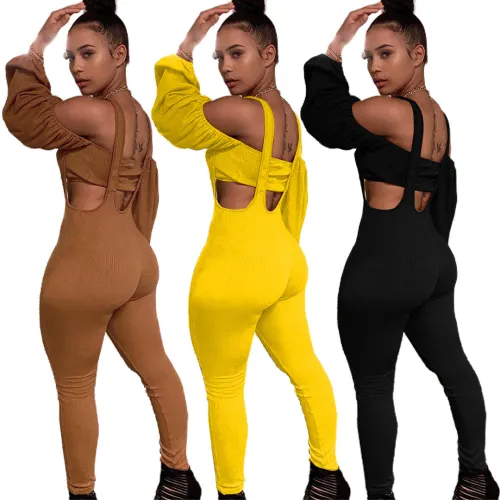 Sexy Solid Color Off Shoulder Two-Piece Bib Pants
