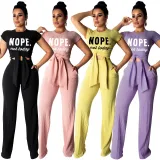 Ladies Fashion Casual Cropped Navel Short Sleeve Printed Two Piece Set