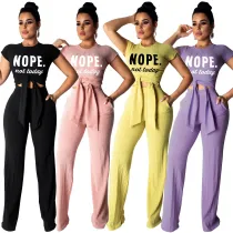 Ladies Fashion Casual Cropped Navel Short Sleeve Printed Two Piece Set