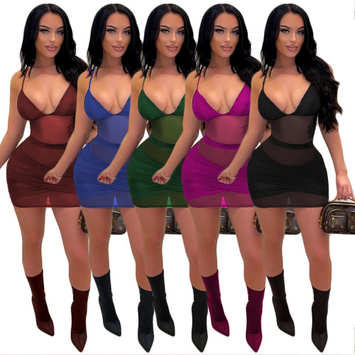 Mesh stitching sexy suspenders fashion women's dress