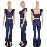 Women's High Stretch Denim V-Neck Petal Sleeve Flared Trousers Suit