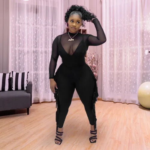 Mesh-paneled straight wool fringed jumpsuit