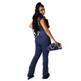 Women's High Stretch Denim V-Neck Petal Sleeve Flared Trousers Suit