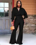 Fashion casual solid color sexy V-neck top big flared trousers two-piece suit
