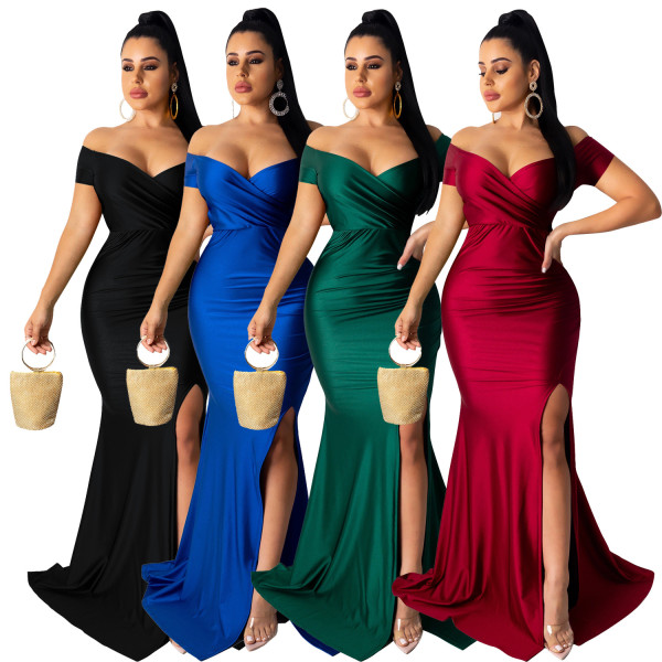 Women's sexy dress nightclub v-neck dress solid color large slit long skirt spring and summer short sleeves