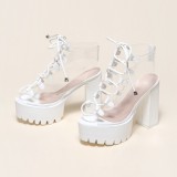 Large size cool boots Cross-border lace up fish mouth PVC women's boots Candy color transparent PVC thick heel boots