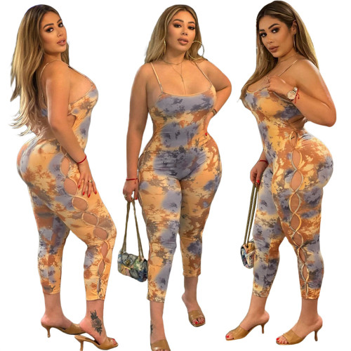 Fashion sexy print suspenders 9 points jumpsuit