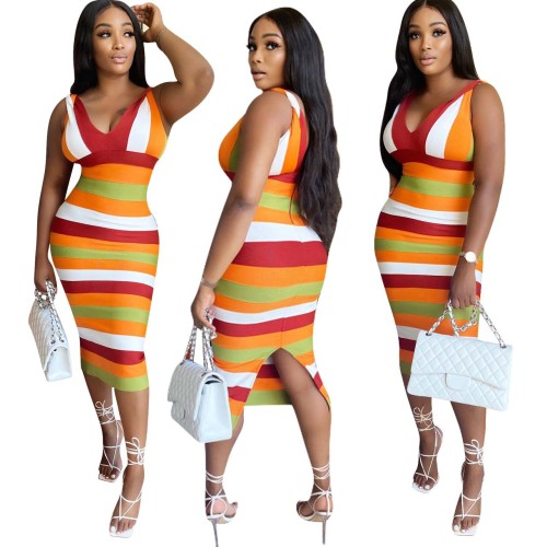 Fashion Sexy Multicolor Striped Dress