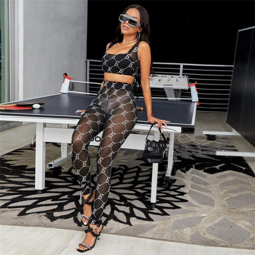 Sexy mesh sheer print stretch vest trousers casual sports suit