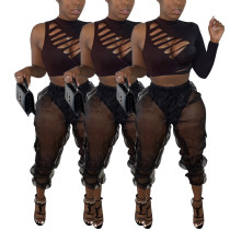 Two-piece set of hollow-out burning sexy top and see-through trousers