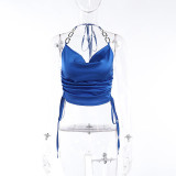 Metal Ring Chain Satin Halter Top Sexy Lace-Up Tank Top Women