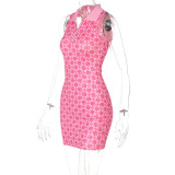 Women's Fashion Print Polo Collar Sleeveless Skinny Short Dress