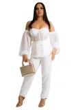 Fashion Ladies Casual Mesh Sheer Pants Two Piece Set