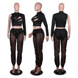 Two-piece set of hollow-out burning sexy top and see-through trousers
