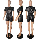 Leather Short Sleeve Suit Fashion Women's Two Piece Set