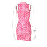 Women's Fashion Print Polo Collar Sleeveless Skinny Short Dress