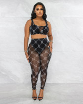 Sexy mesh sheer print stretch vest trousers casual sports suit