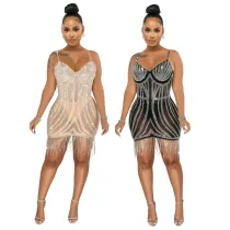 Fashion sexy sling hot drill hand-crank leak back perspective dress without panties