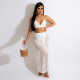Fashion sexy wrap chest halter neck strap see-through lace dress two-piece set