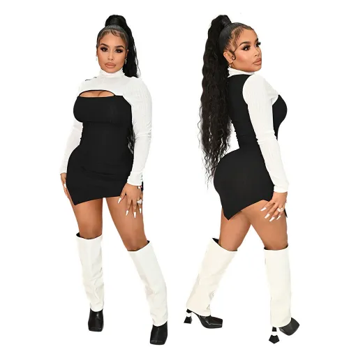 Fashion casual color matching long-sleeved irregular hip dress with careful design