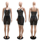 Fashion sexy sling hot drill hand-crank leak back perspective dress without panties