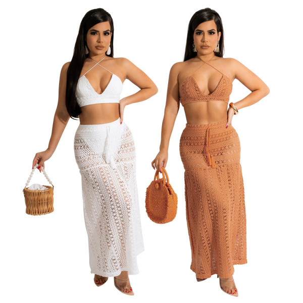 Fashion sexy wrap chest halter neck strap see-through lace dress two-piece set